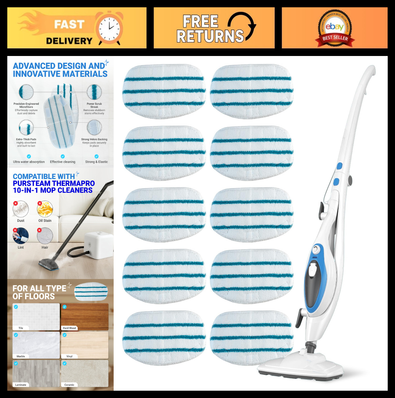 10-Pack Microfiber Steam Mop Pads for PurSteam ThermaPro 10-in-1 & 211 – Washabl