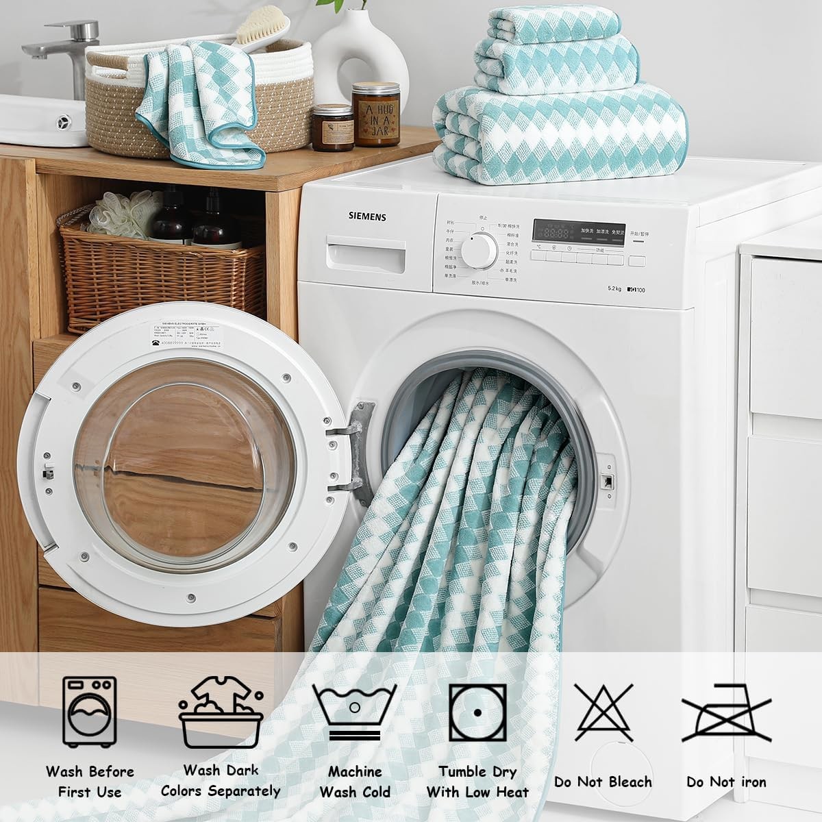 12 Pcs Turquoise Diamond Towel Set-4 Bath Towels,4 Hand Towels,4 Washcloths Soft