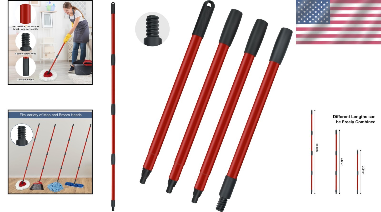 Easy Install 4-Section Mop Handle Replacement for O-Cedar, 30 to 58 Inches