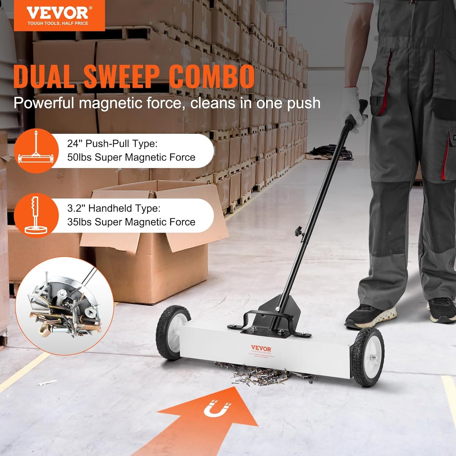 24-Inch Magnetic Sweeper with Wheels, 50 lbs Capacity, with Telescoping Magnetic