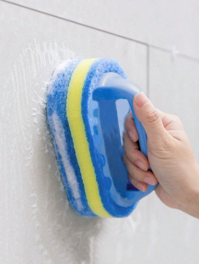 1pc, Thickened Sponge Cleaning Brush With Handle, Bath And Tile Scrub Brush, NEW
