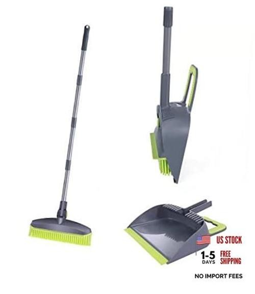 Adjustable Rubber Push Broom and Dustpan Set,Self Cleaning Indoor Outdoor
