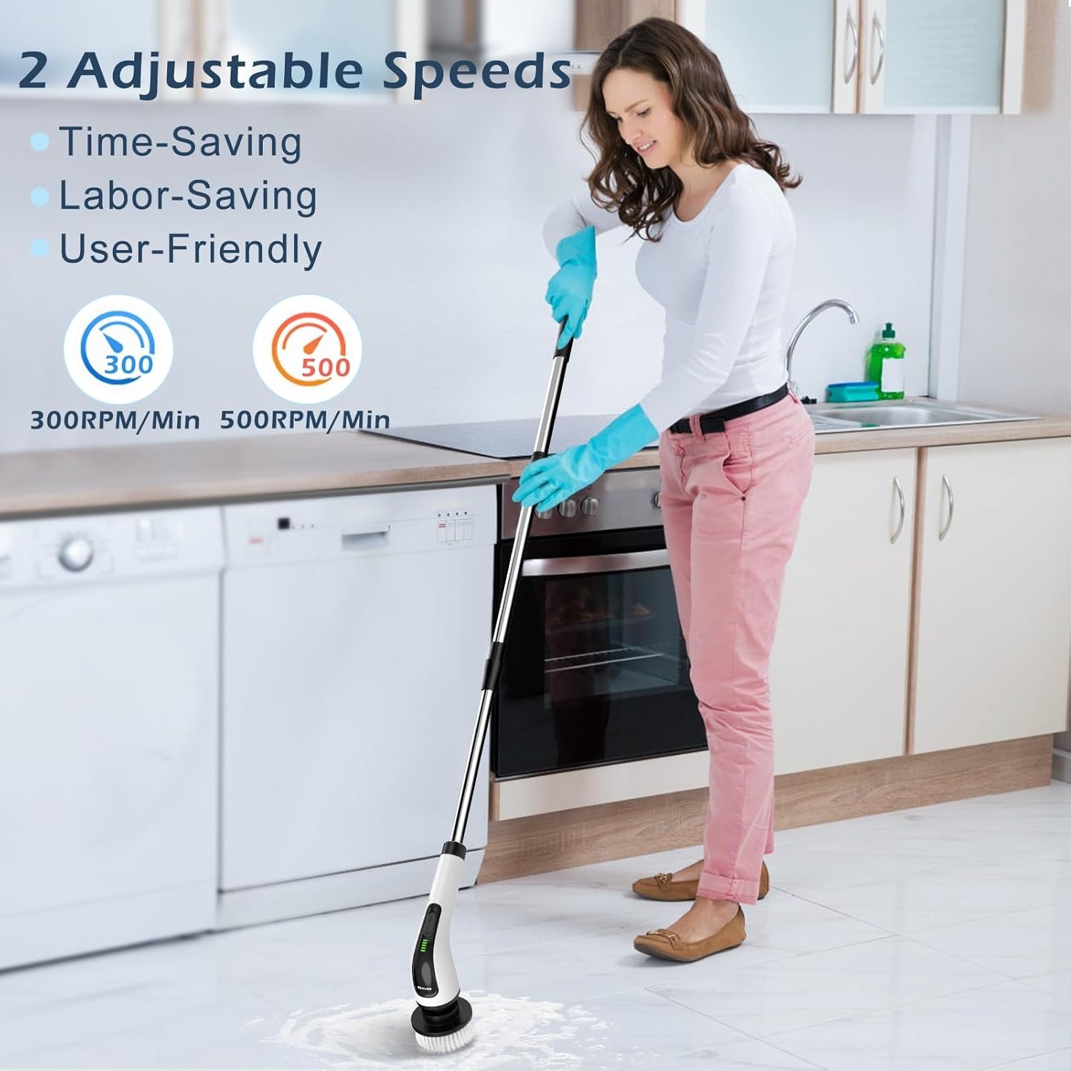 Advanced Cordless Spin Scrubber with Adjustable Length and Dual Speed Settings