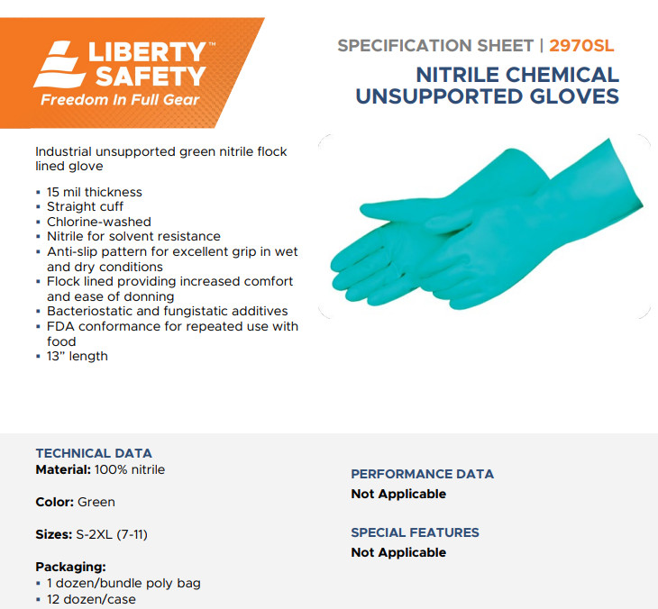 Liberty 2970 Green Flock Lined Chemical Resistant Nitrile Gloves 15 mil, 12 PAIR
