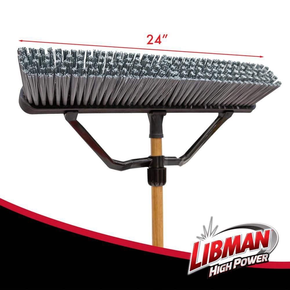 Libman Push Broom 24in Rough Surface Industrial Stiff Bristle Wood Handle 60in