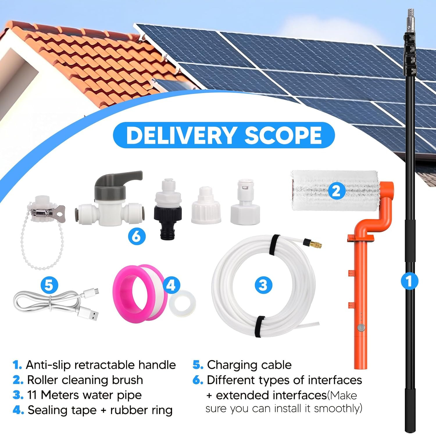 Electric Solar Panel Cleaning Brush and Pole, 20FT Telescopic Cleaning Roller Br