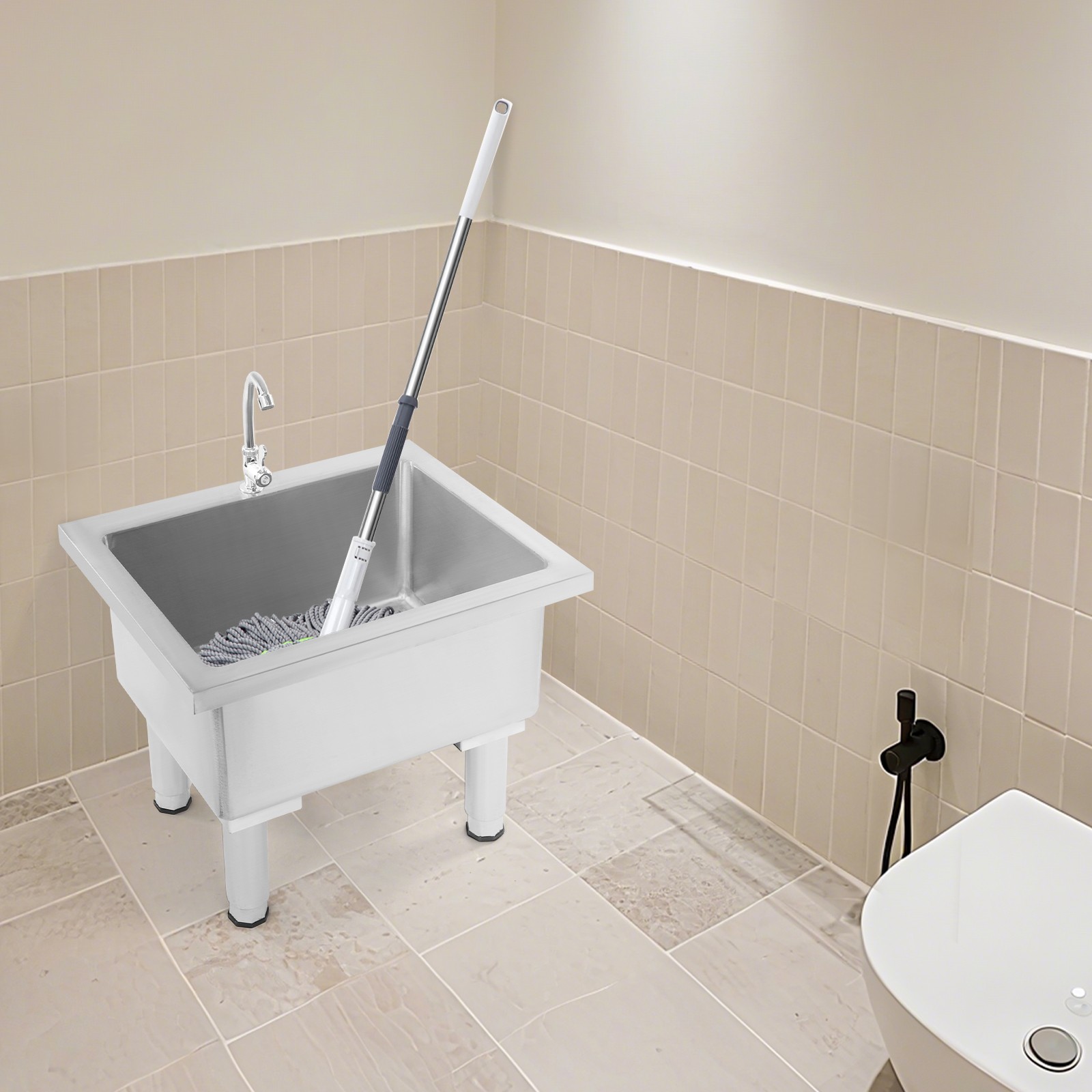 220.46lbs Floor Mount Stainless Steel Mop Cleaning With Faucet And Drain Pipe