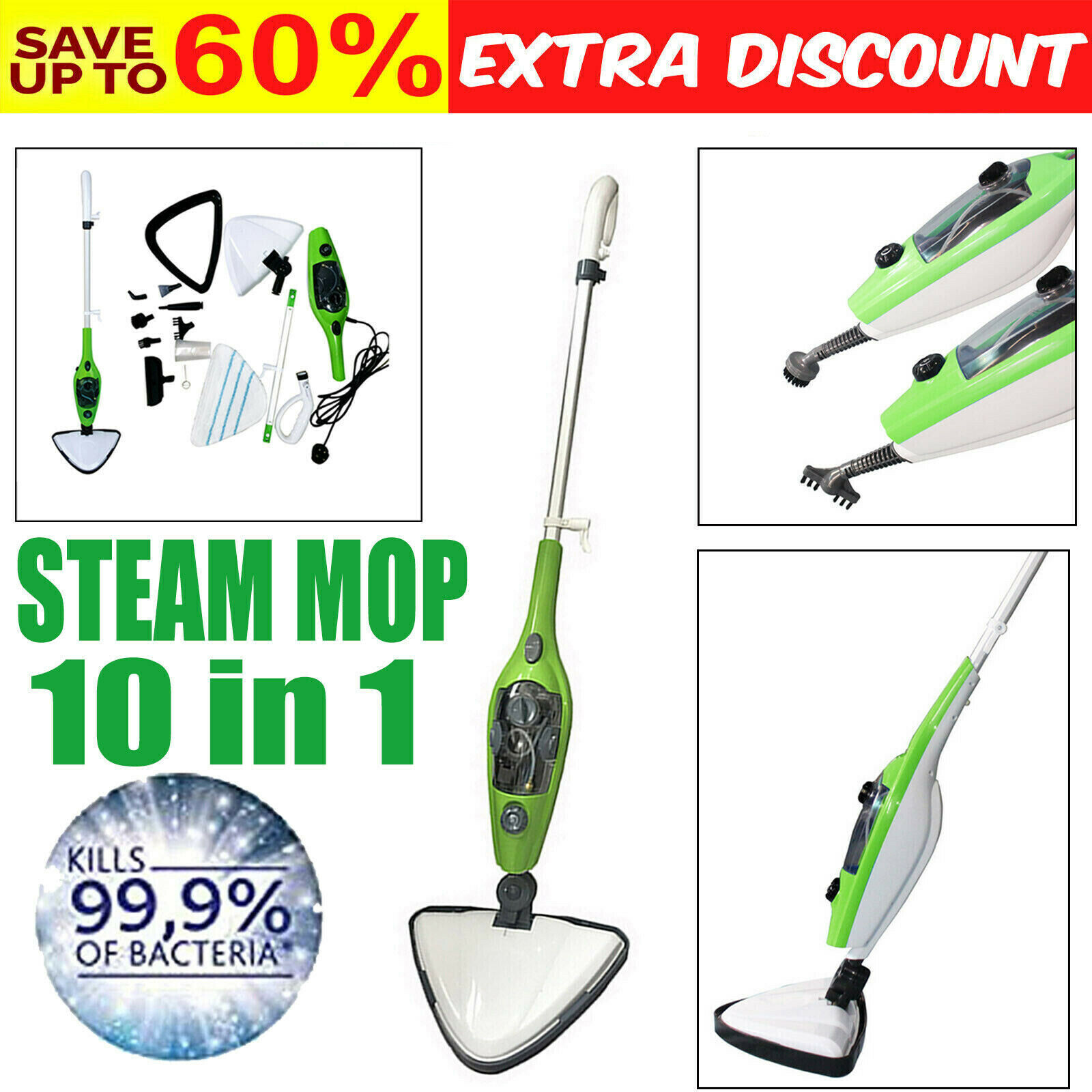 10 in 1 Electrical Steam Mop 1500W Handheld Upright Floor Carpet Steamer Cleaner