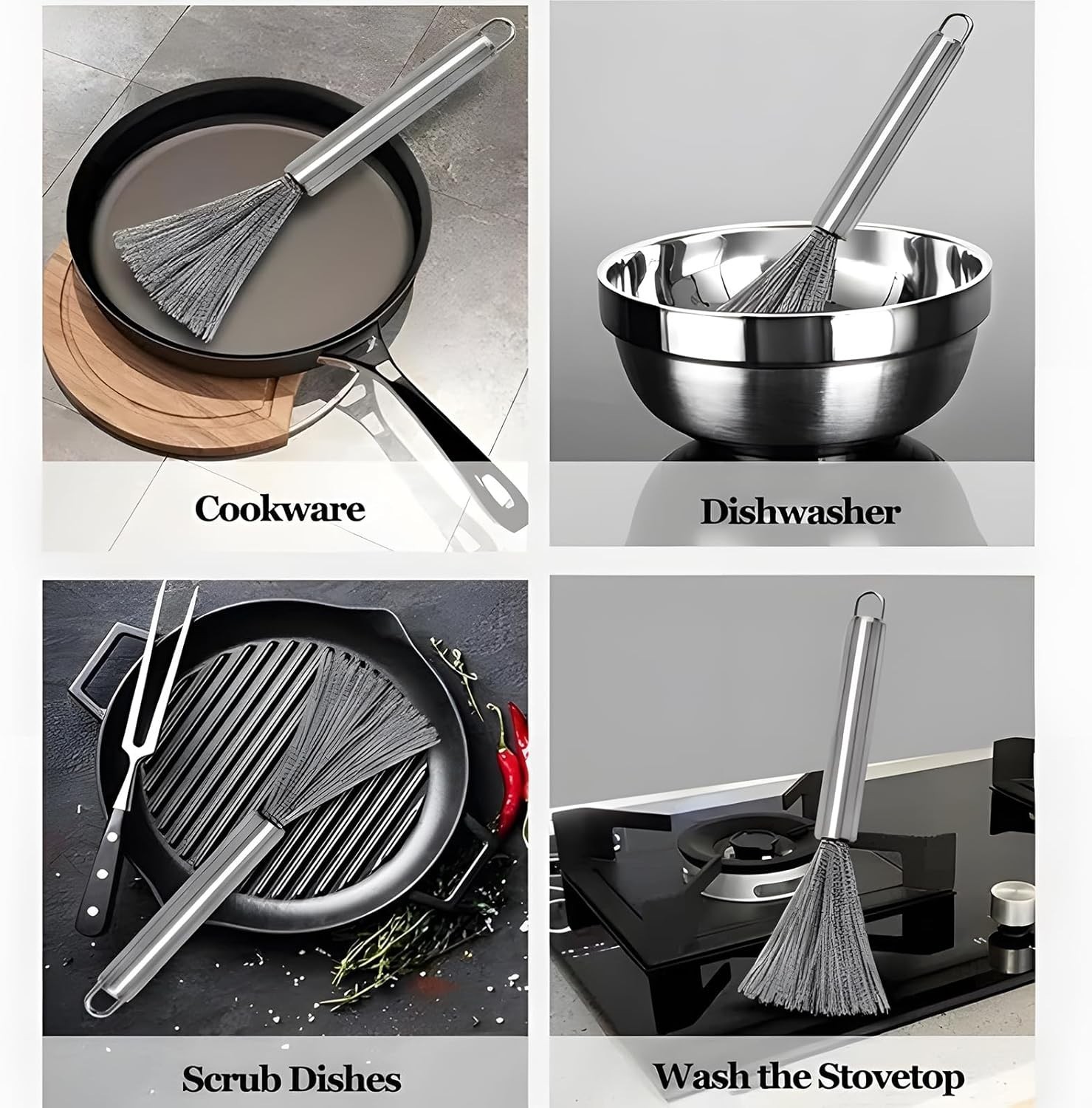 Kitchen Brush with Handle,Pot Scrubber,Steel Scrubbers for Cleaning Dishes