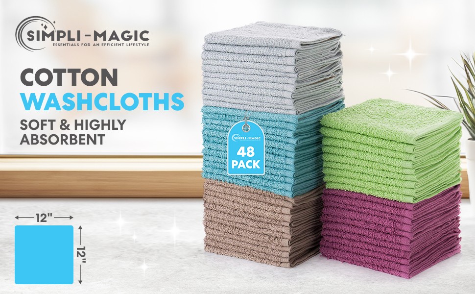 Simpli-Magic Cotton Wash Cloths 12″x12″ (50 Pack) – Highly Absorbent Soft Towels