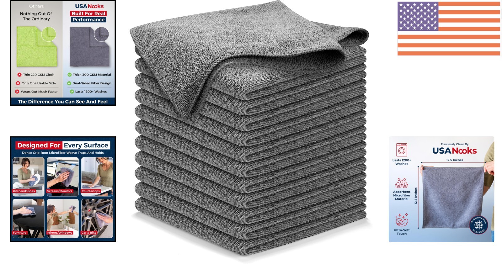 Microfiber Cleaning Cloth Grey – 12 Pcs 12.5″x12.5″ – High Performance – 1200…