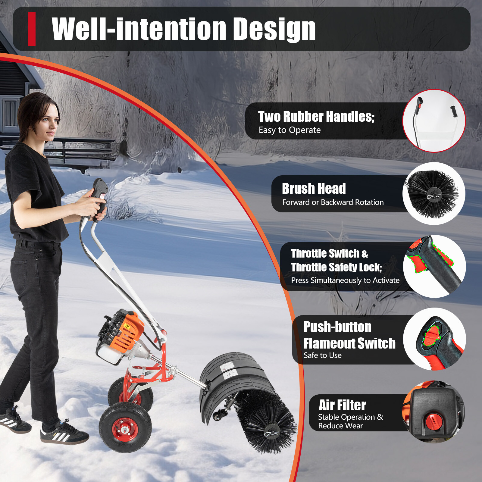 52cc Gas Walk Behind Power Broom for Snow & Driveway Cleaning