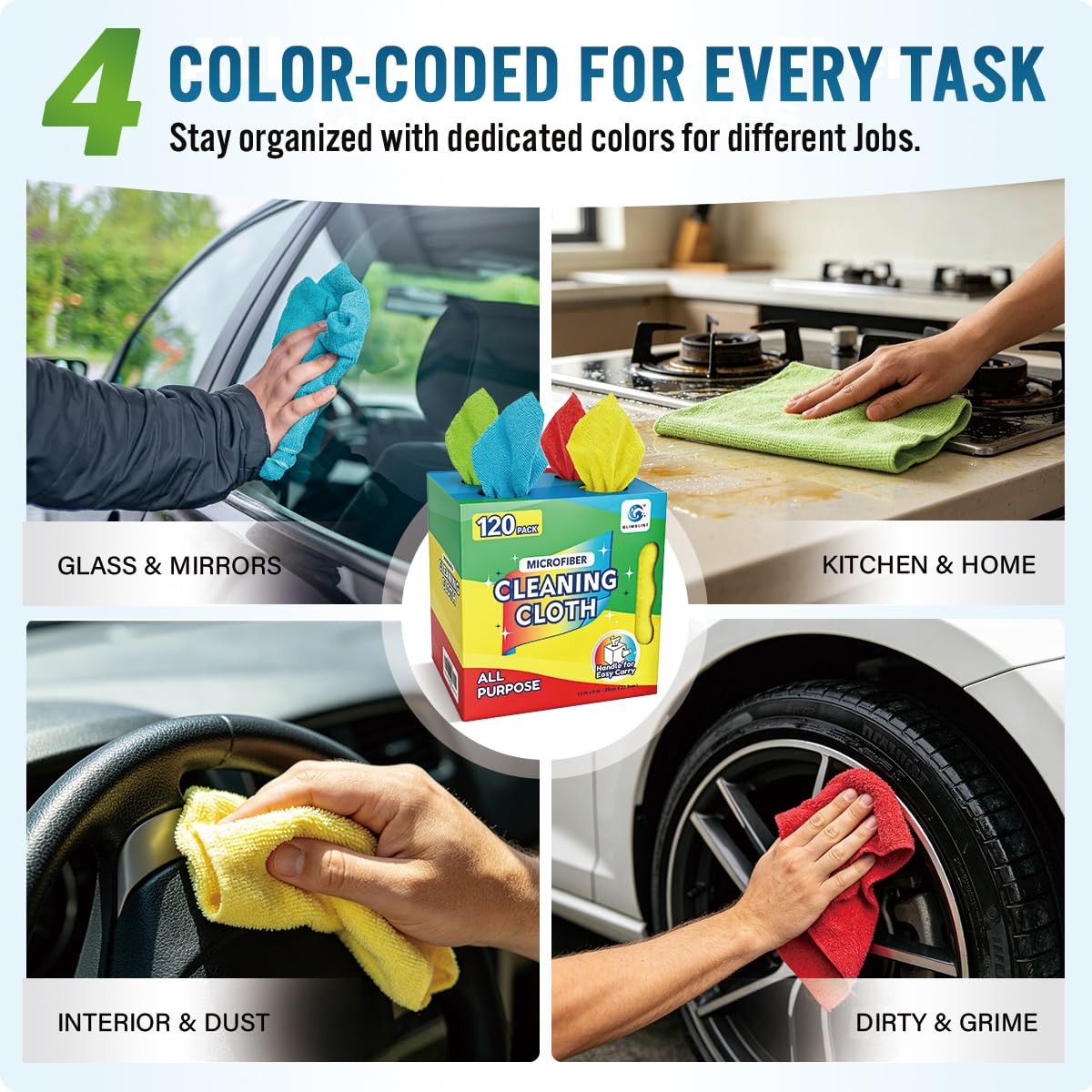 Microfiber Cleaning Cloth 120 Pack, Reusable Towels with Dispenser – Multi-Co…