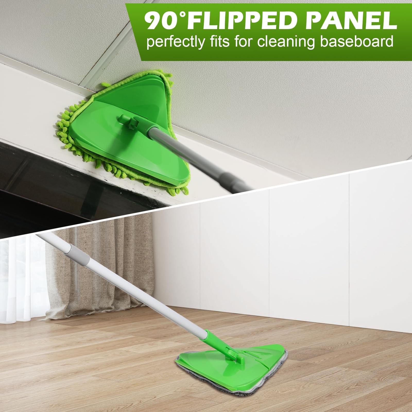 Wall Cleaner Triangle Mop with 82” Long Handle – 4 Pads, Green