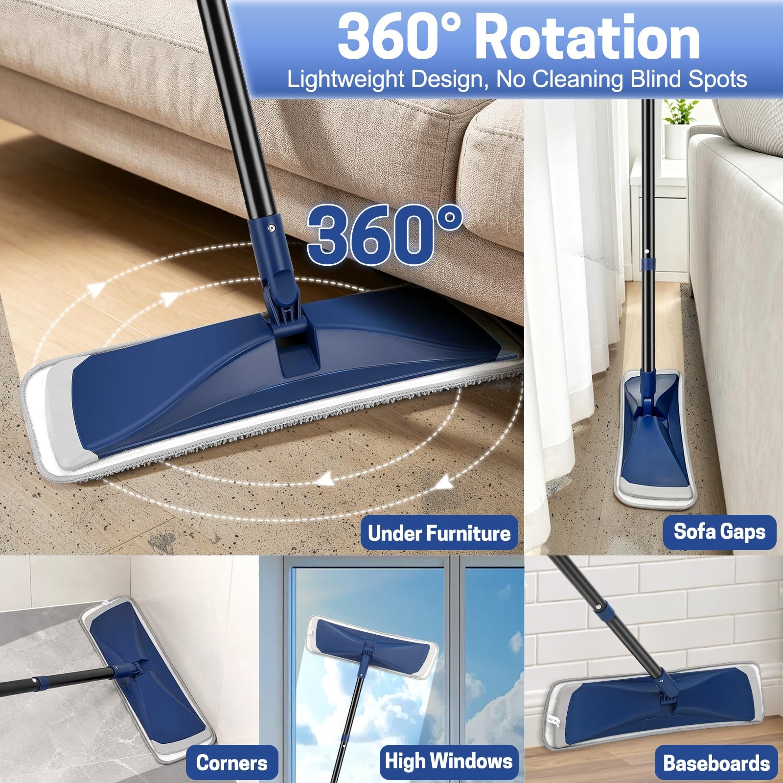 BUVE Microfiber Flat Mop for Hardwood Floors Cleaning 17IN, Blue