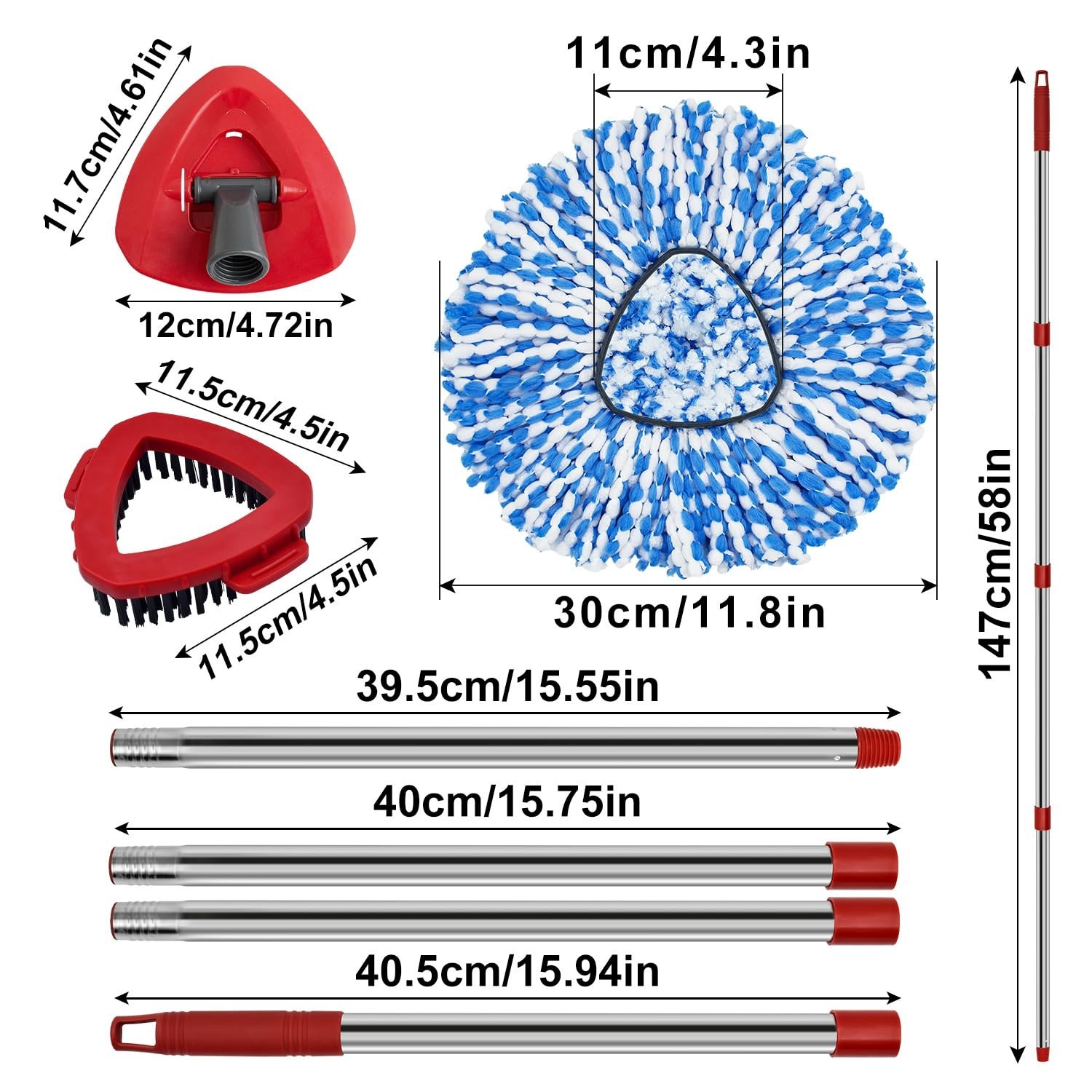 Spin Mop Replacement Set – Stainless Steel Handle, 2 Reusable Mop Heads & Base,