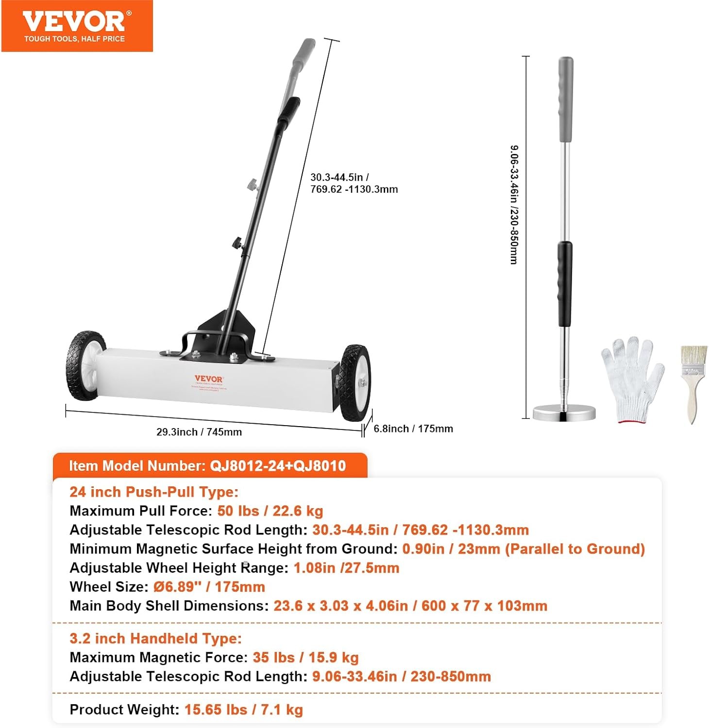 24-Inch Magnetic Sweeper with Wheels, 50 lbs Capacity, with Telescoping Magnetic