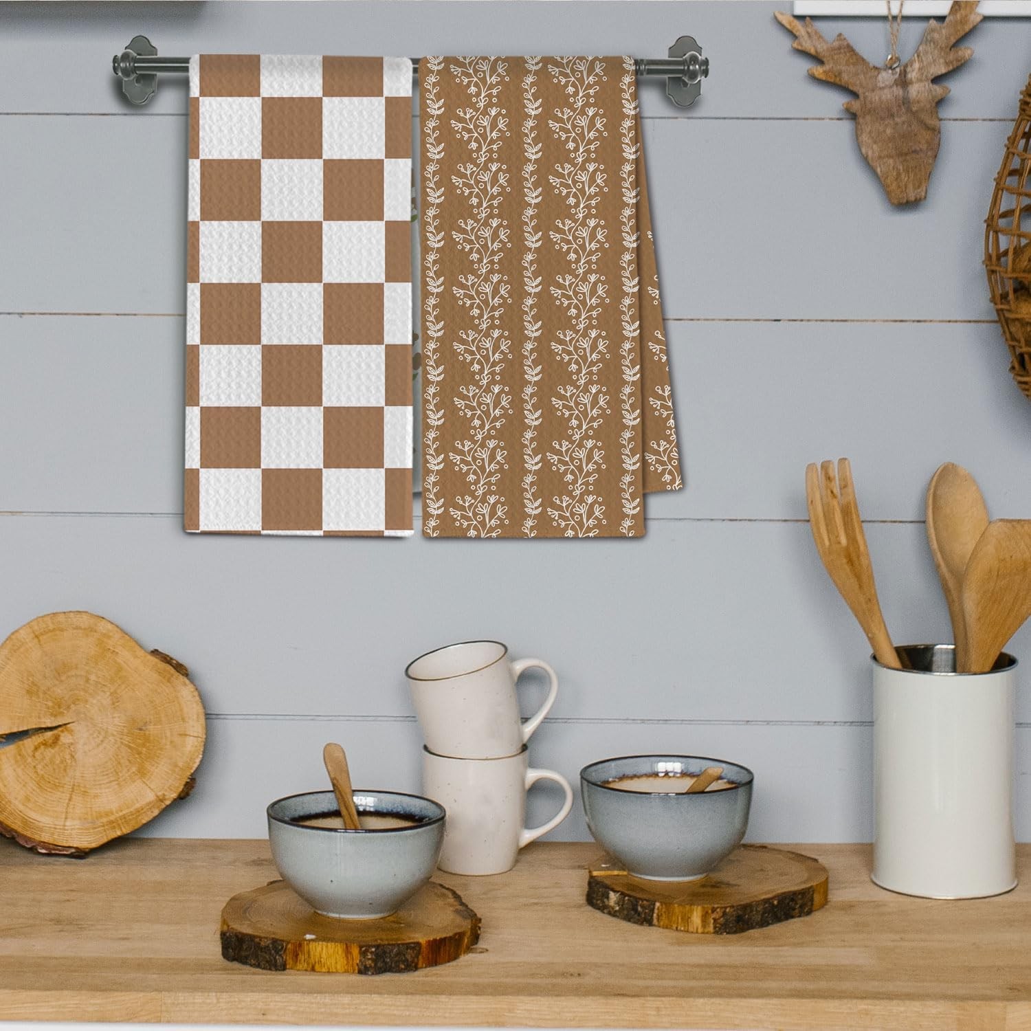 Boho Floral Checkered Kitchen Towels, Brown and White Plaid Dish Towels Drying