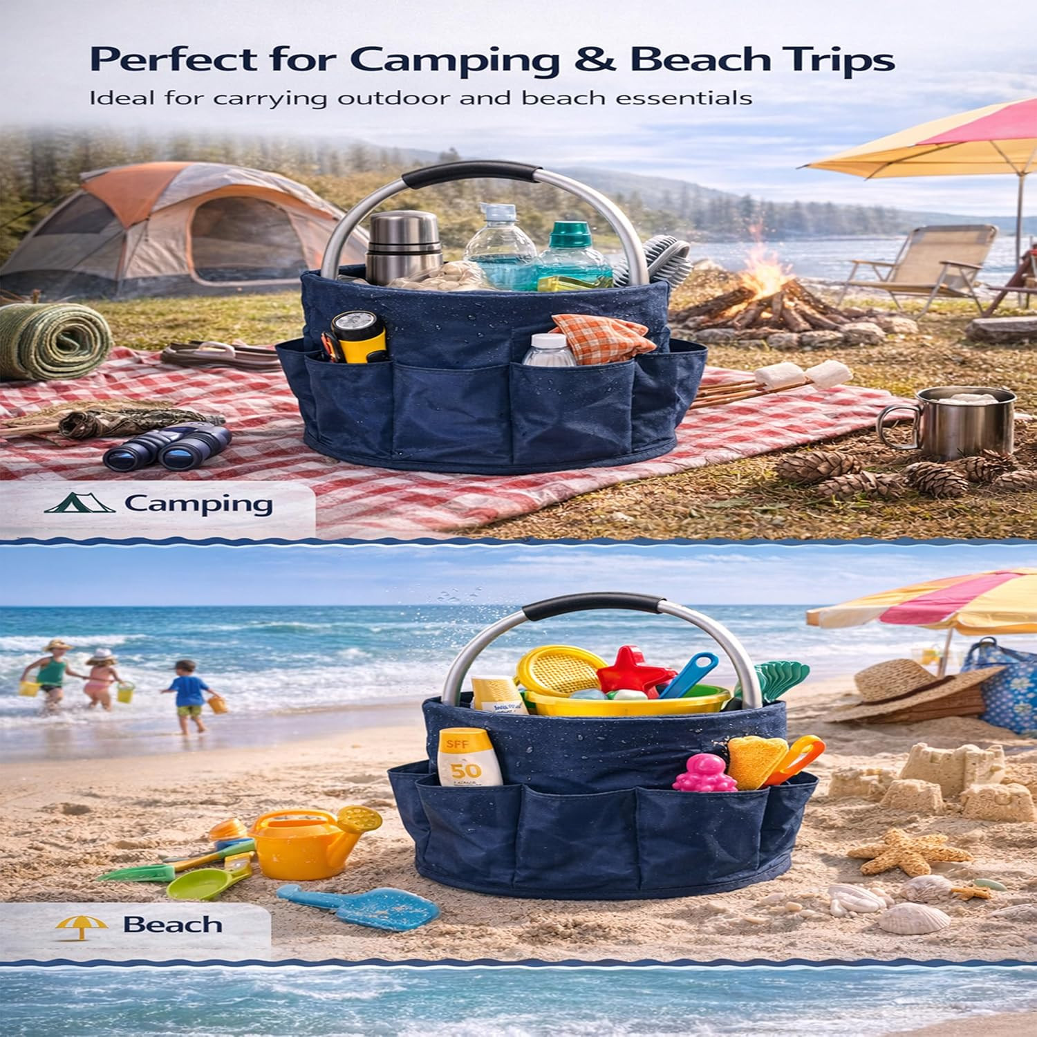 Cleaning Caddy with Handle, Foldable 17L Cleaning Supplies Basket with 6 Pockets