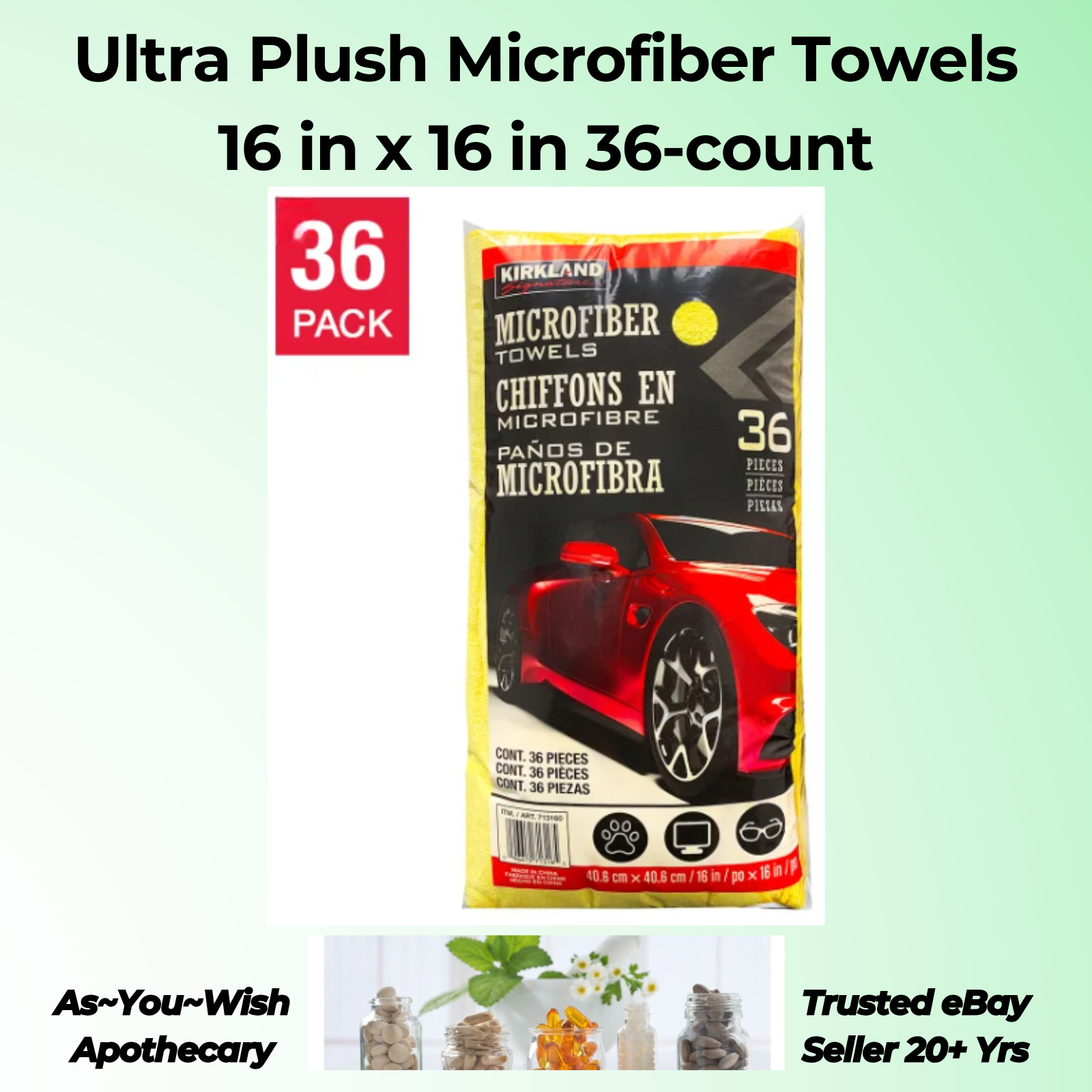 Kirkland Signature 36-Count Yellow Microfiber Towels 16×16 – Lint-Free Cleaning