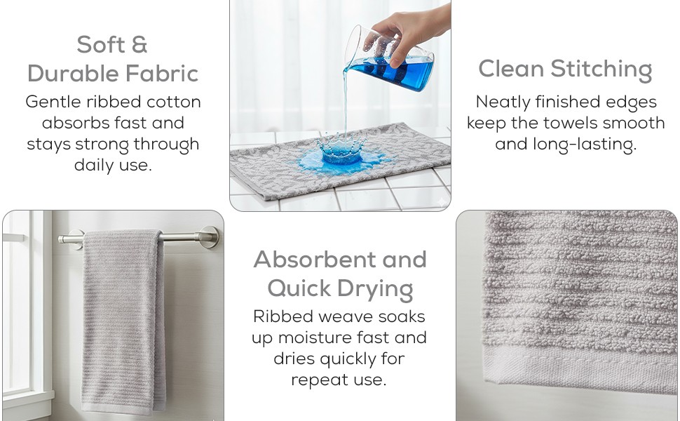 Kitchen Towels, Cotton Hand Towels, Grey and White Vine Ribbed Hand Drying Cloth