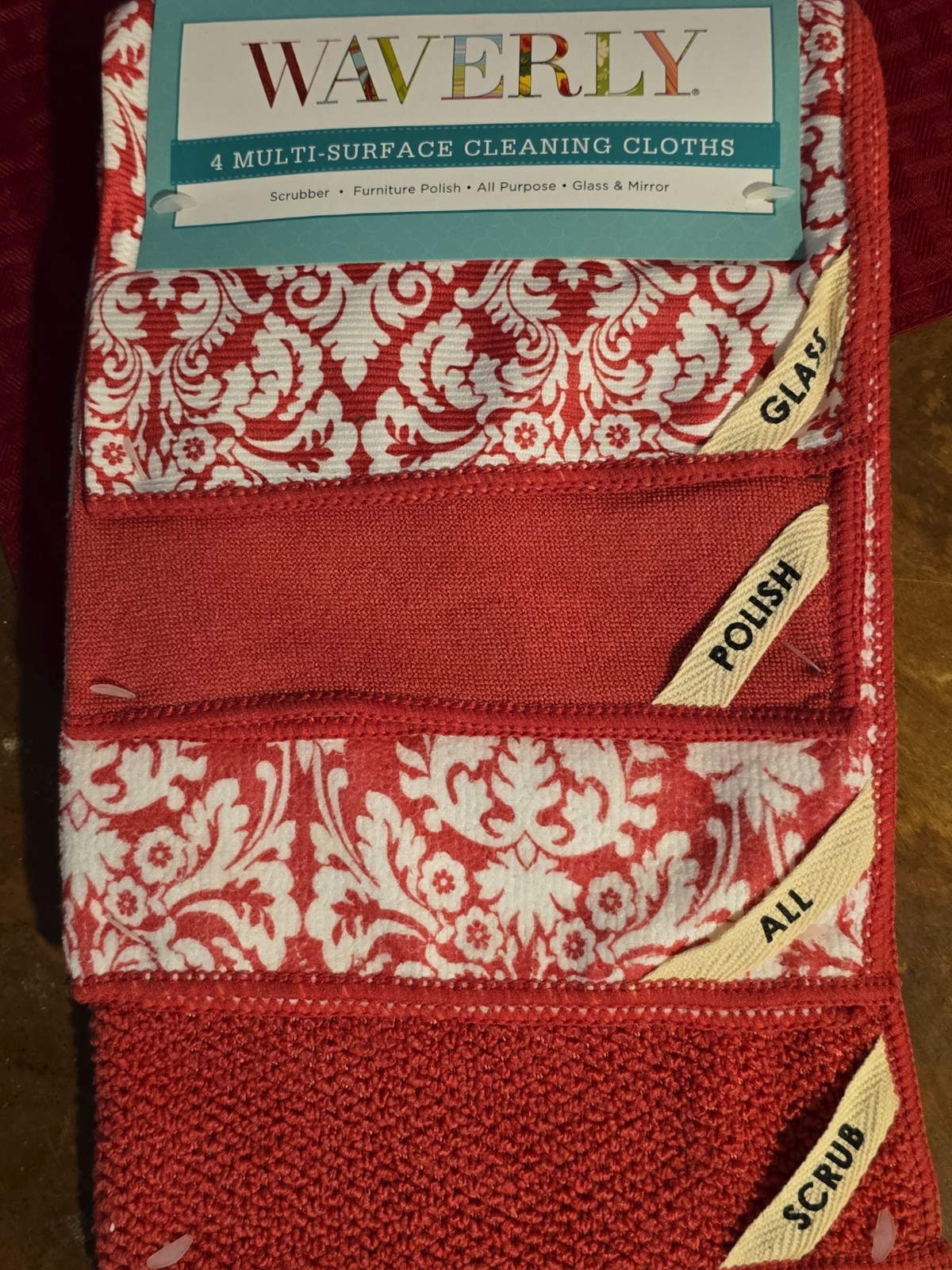 Waverly Red White Damask Set Of 4 Multisurface Cleaning Cloths Glass Polish Scru