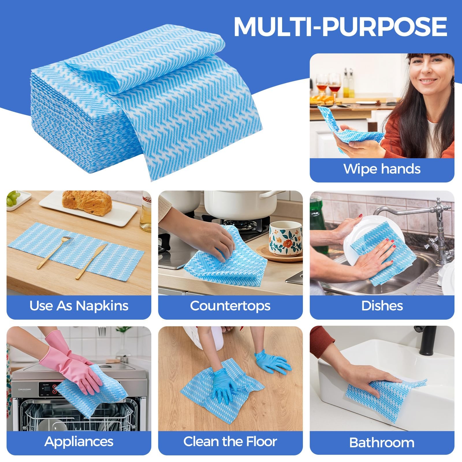 Peachicha Reusable Cleaning Towels, Multi-Purpose Handy Large, Blue,50 Pcs