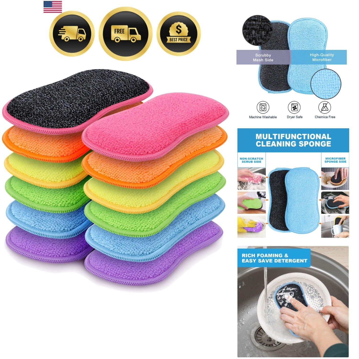 12 Pack Multi-Purpose Scrub Sponges Kitchen, Dish Sponge, Non-Scratch Microfi…