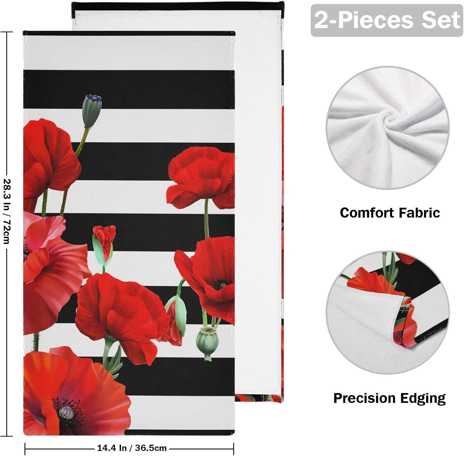 Red Poppy Hand Towels for Bathroom Set of 2 Black and White Striped Nature