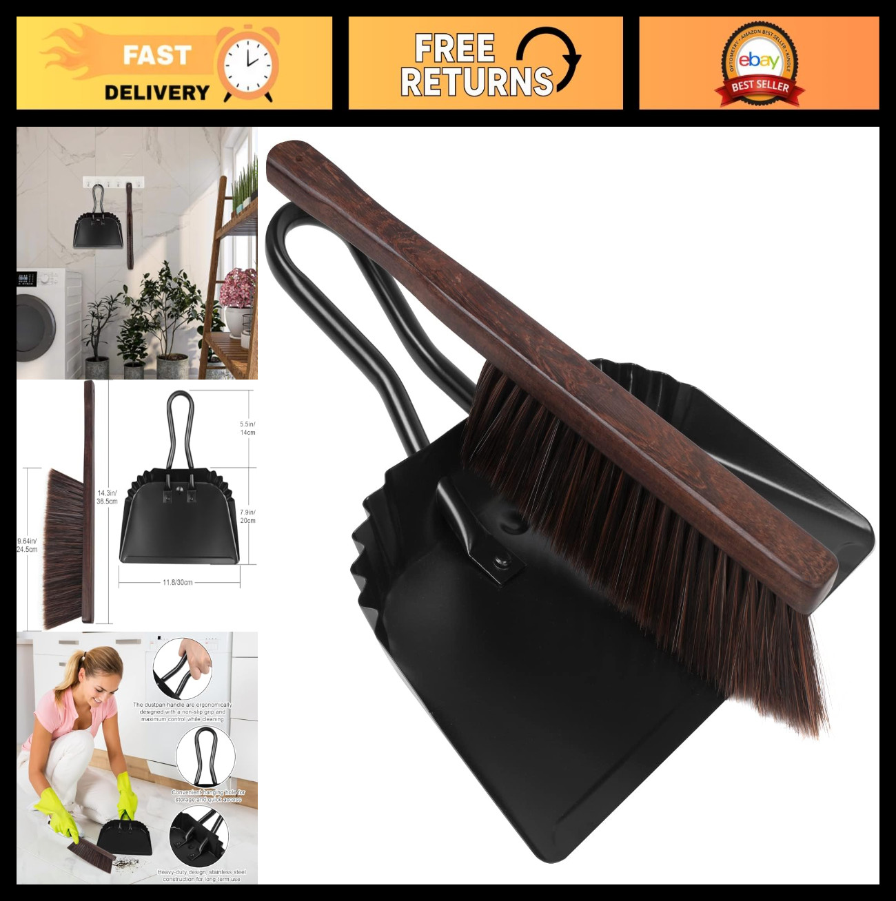 Handheld Dust Pan and Brush Set – Heavy Duty Metal, Angled Design, Easy Grip Han