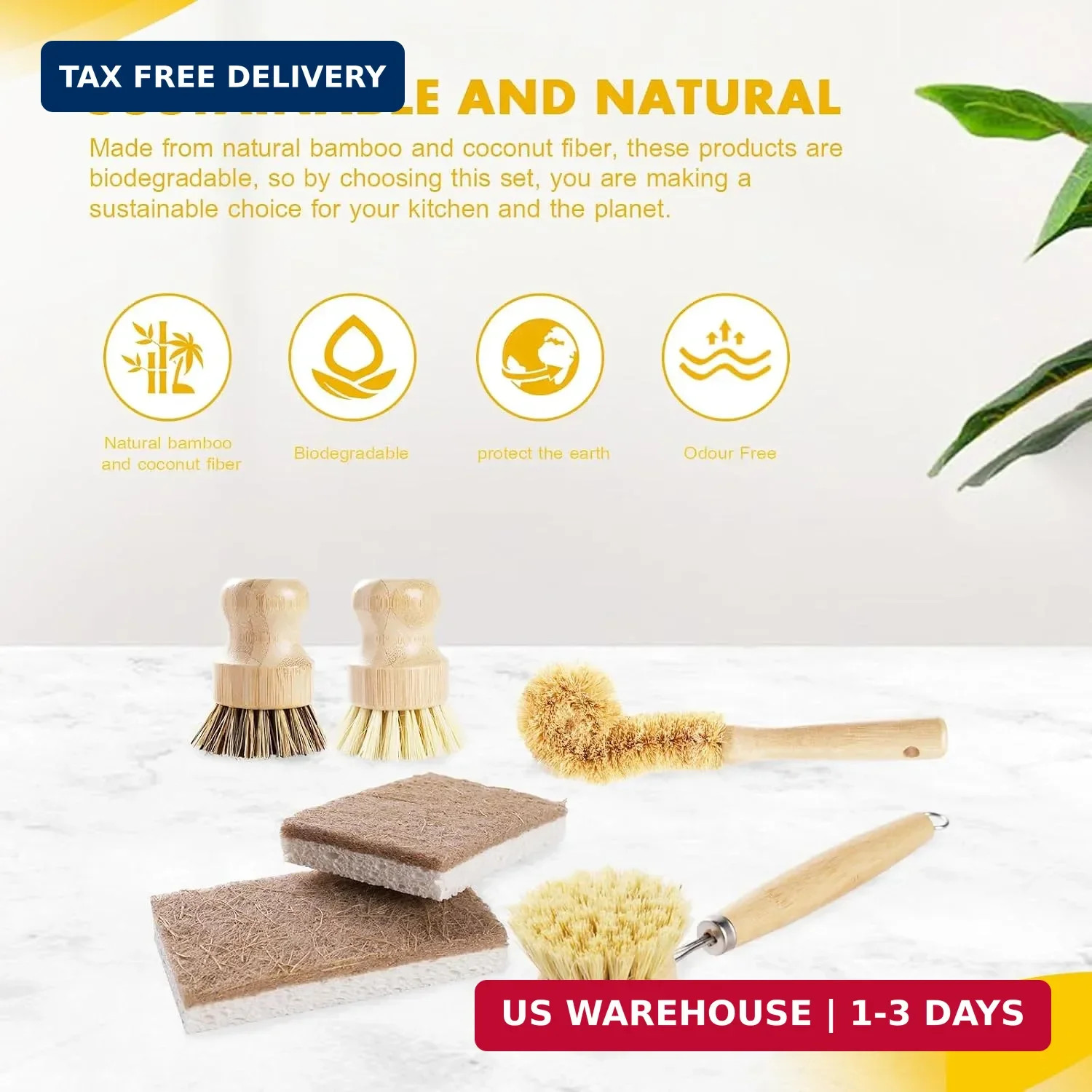 Bamboo Kitchen Cleaning Brush Kit with Sisal Palm Fiber & Coconut Sponge