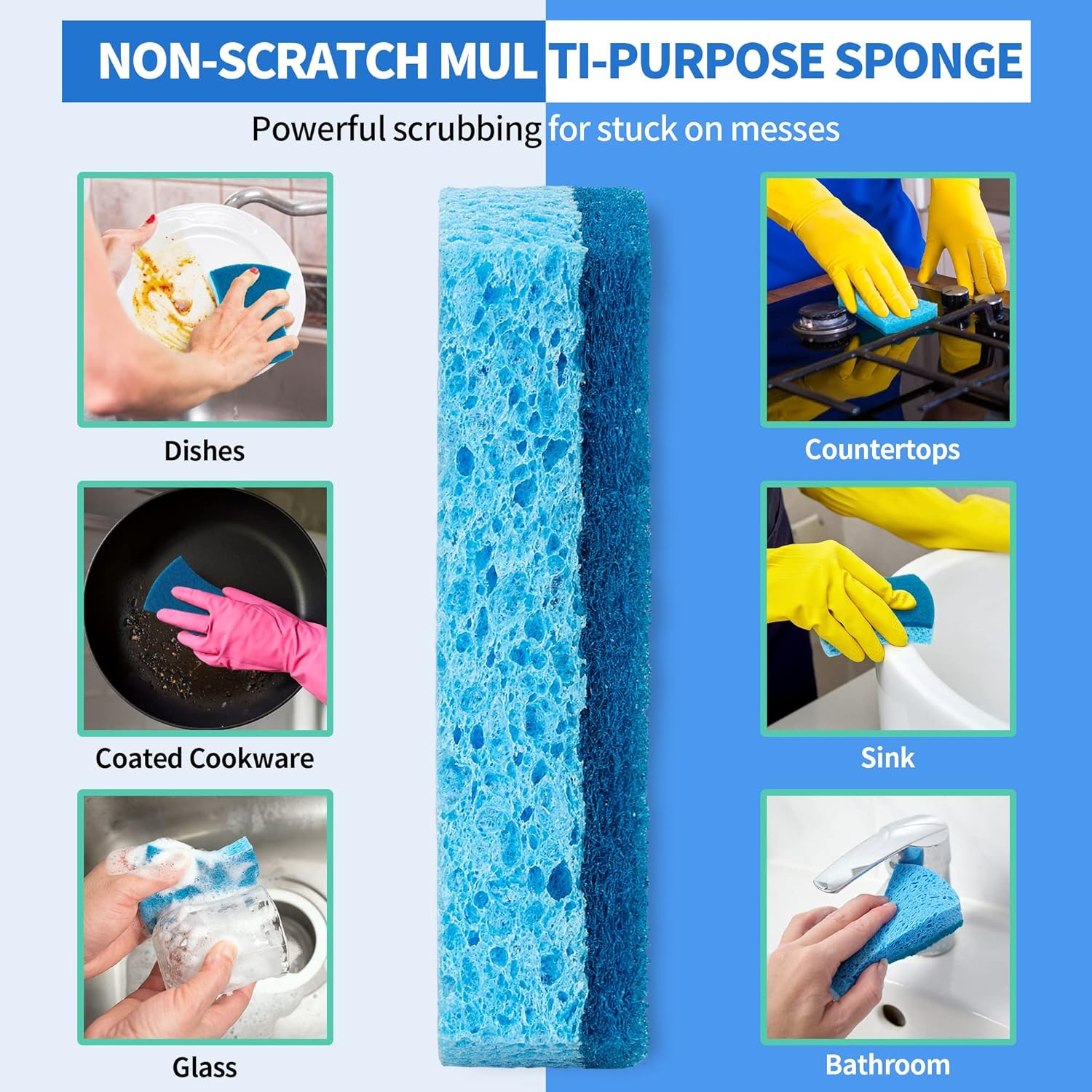 Non-Scratch Cellulose Scrub Sponges 12 Pack, Sponges Kitchen with Double-Side &