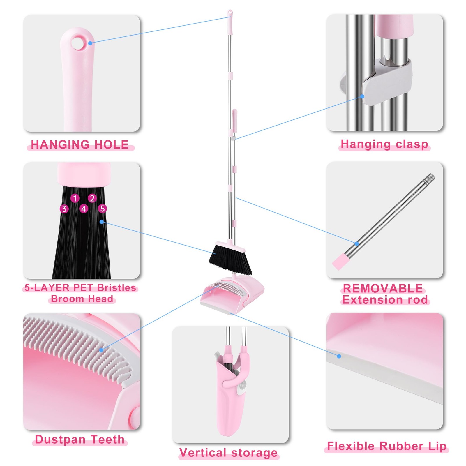 Pink Broom and Dustpan Set 52 Inch Handle Household Combo Teeth Kitchen