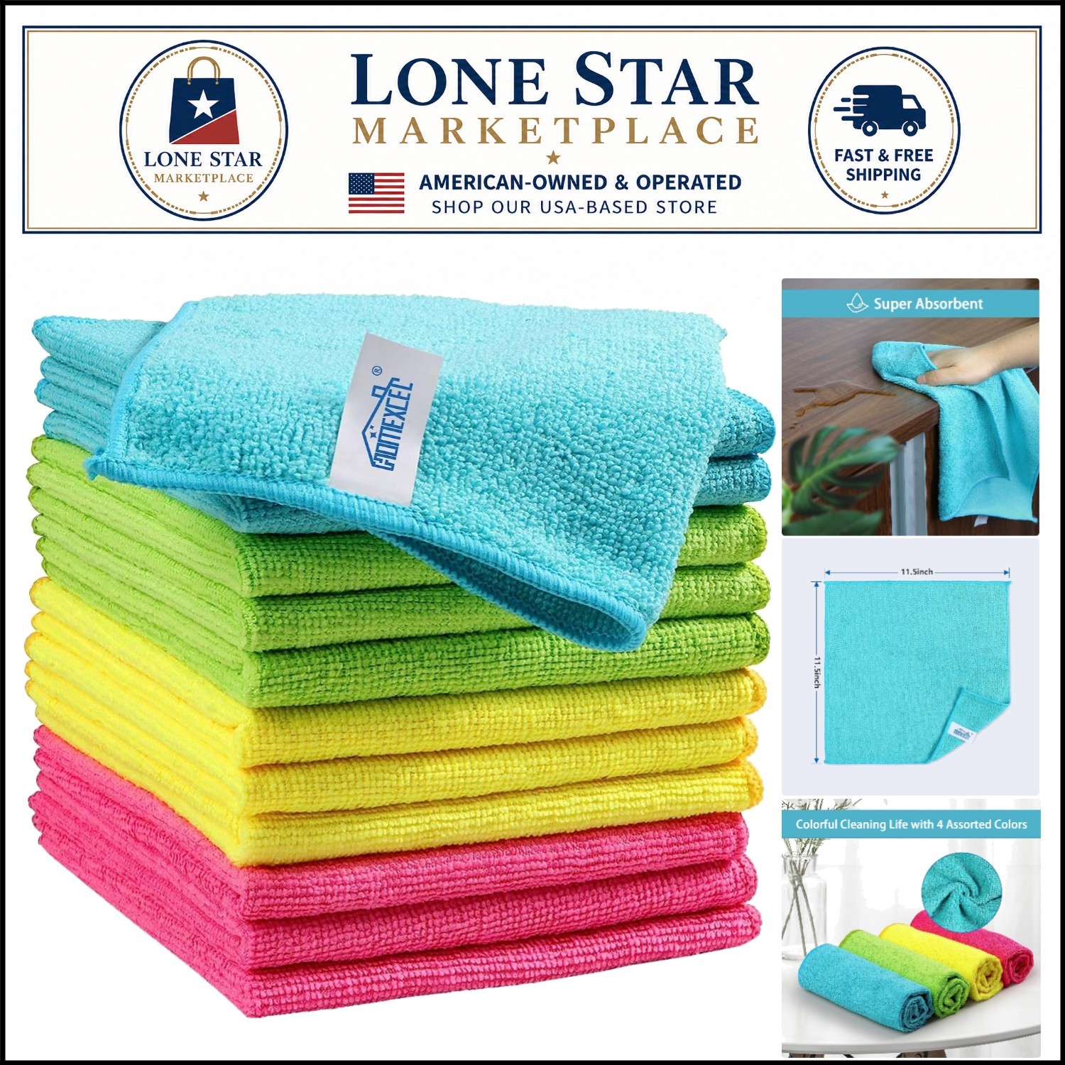 11.5″ x 11.5″ Microfiber Cleaning Cloths – Reusable, 12 Pack, Streak-Free & Soft