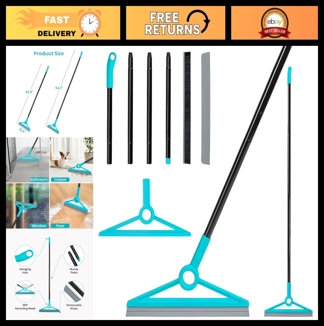 Multifunctional Air Broom for Dust, Hair & Liquids – Removable Rubber Strip Sque