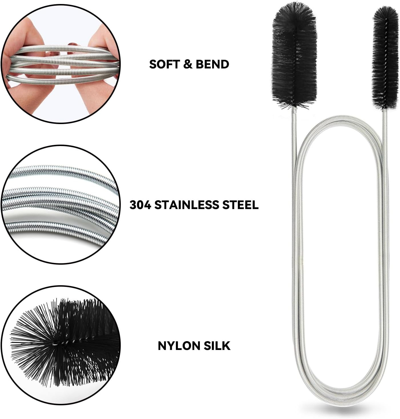 Flexible Drain Brush, 66 Inch Long Double Ended Hose Pipe Cleaners and 58 Inch