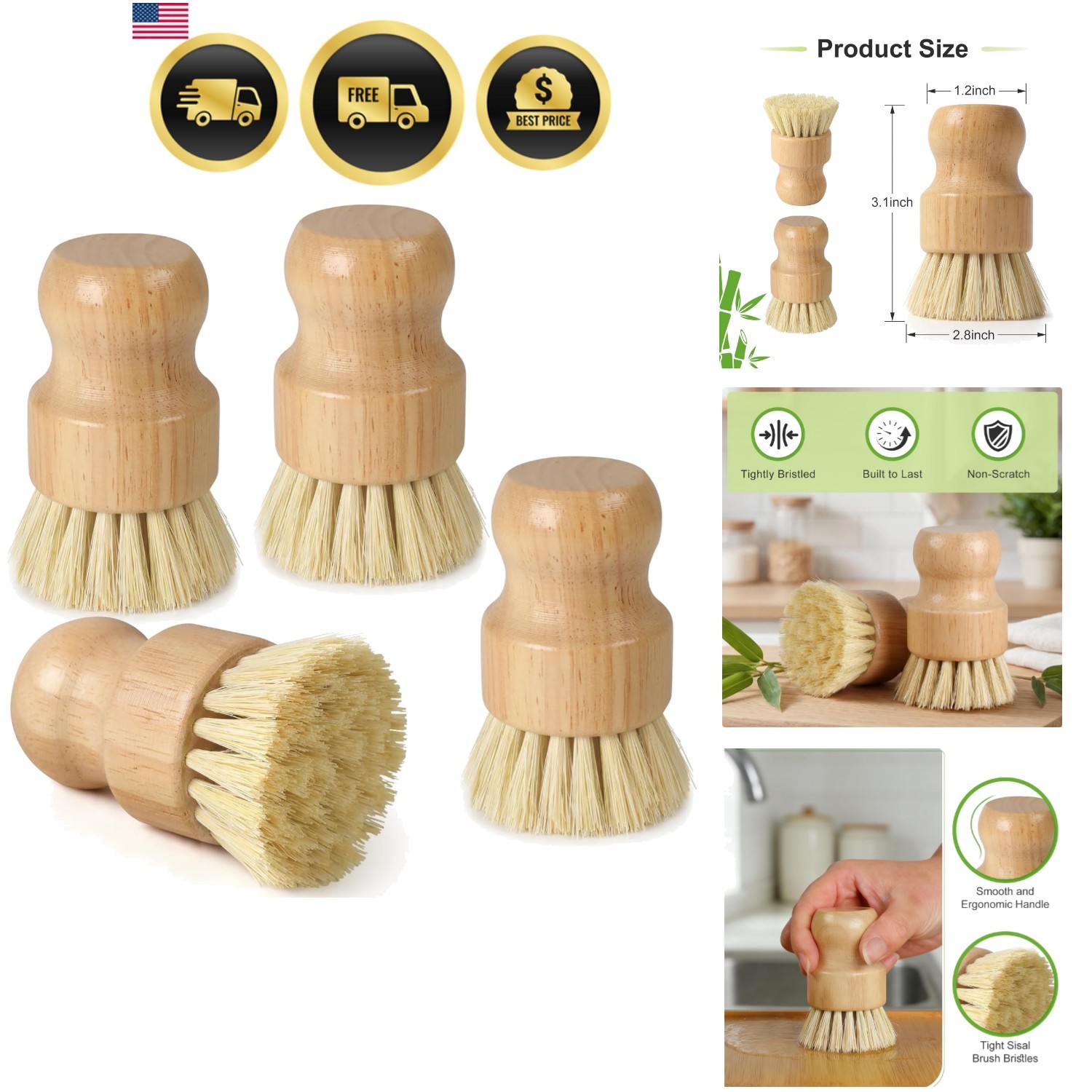 4 Pack Bamboo Dish Brush Set, Natural Kitchen Scrub Brush with Sisal Bristles…