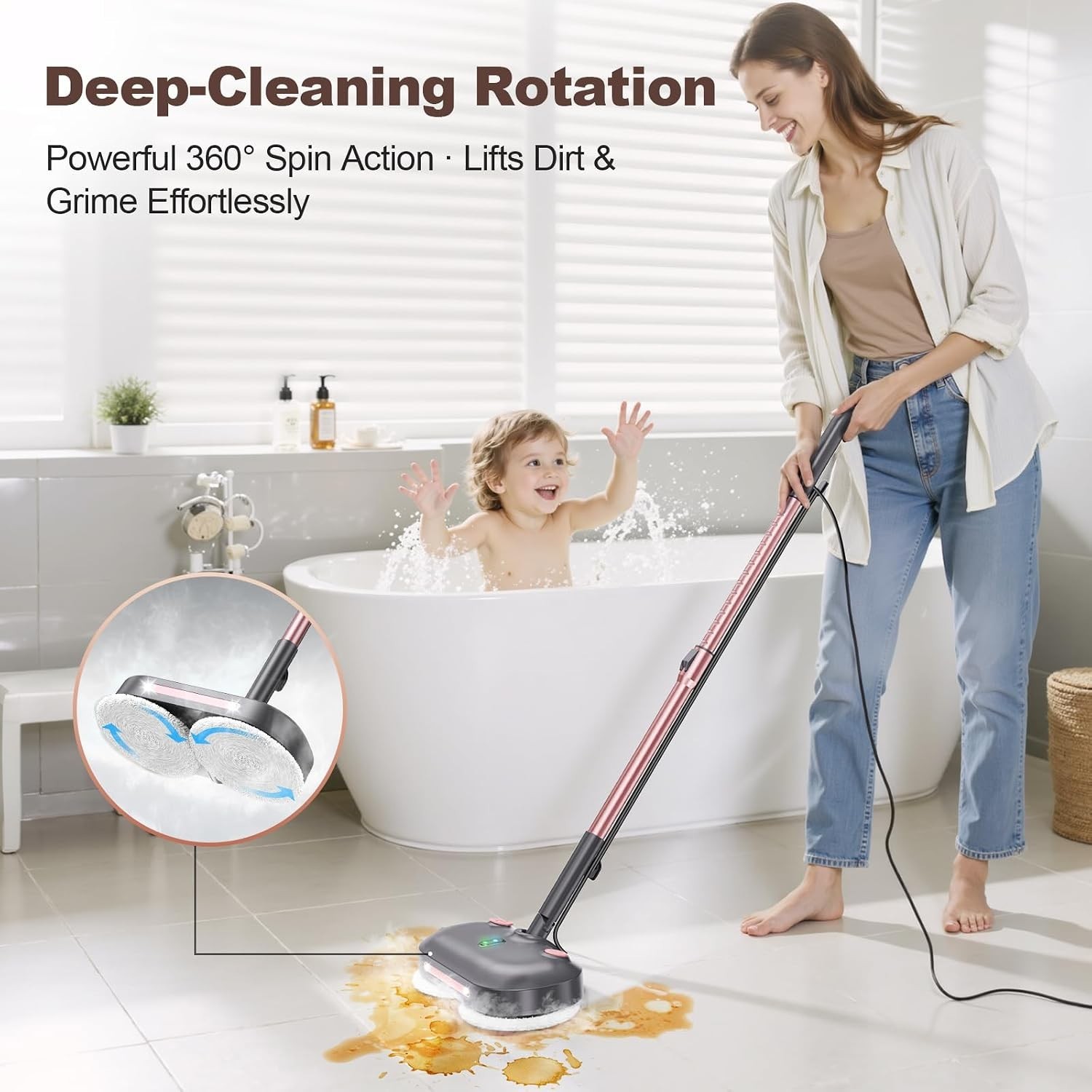 Scrubbing Steam Mop with Rotating Pads,All-in-One Spin Steam Cleaner for Floo…