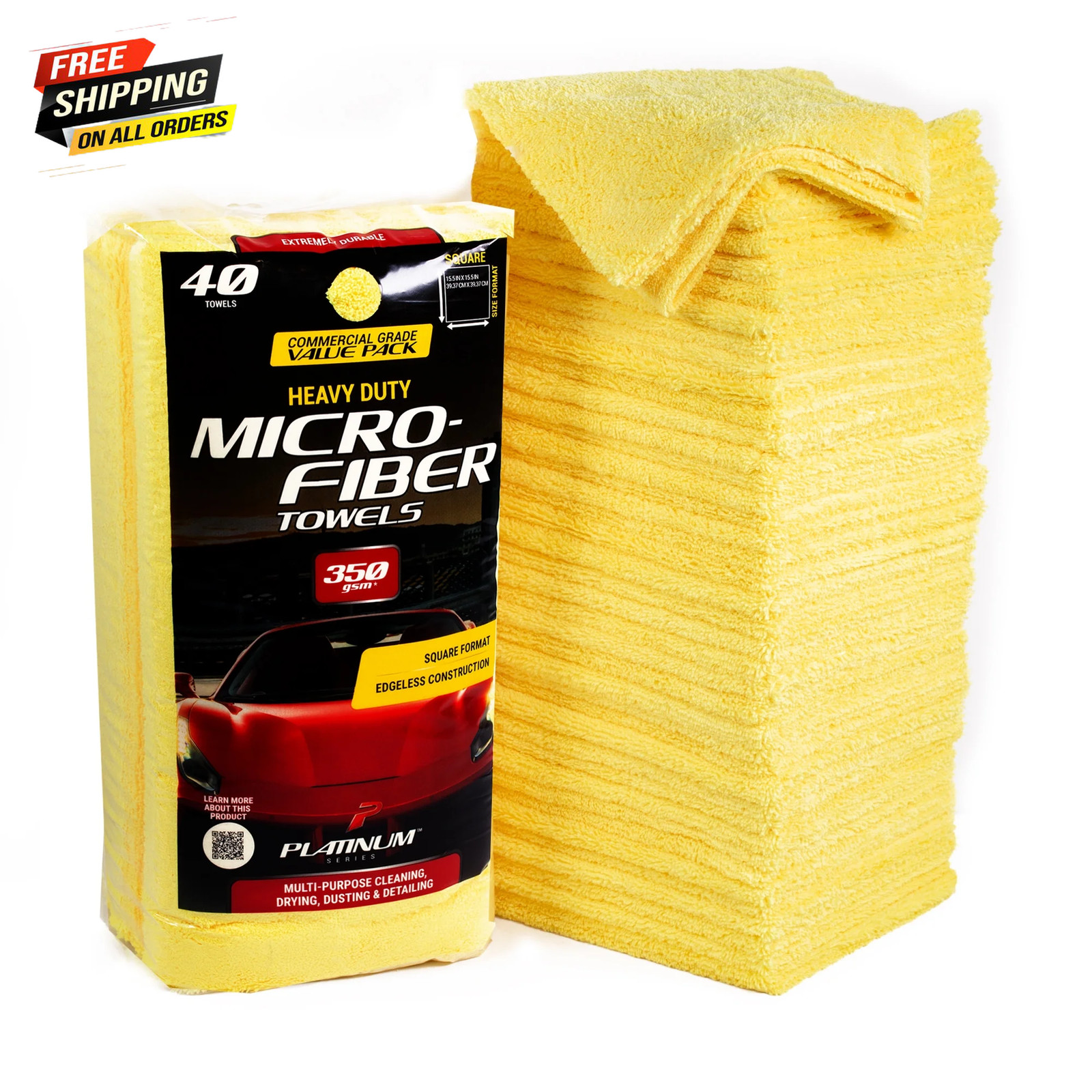 (2 Pack) Heavy Duty Multi-Purpose Microfiber Detailing Towel, 40 Pack, Yellow