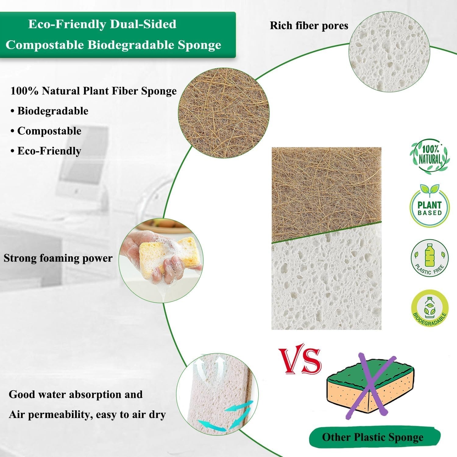 Natural Compostable Kitchen Sponge 12 Pack Cellulose & Coconut Fiber Eco-Frie…