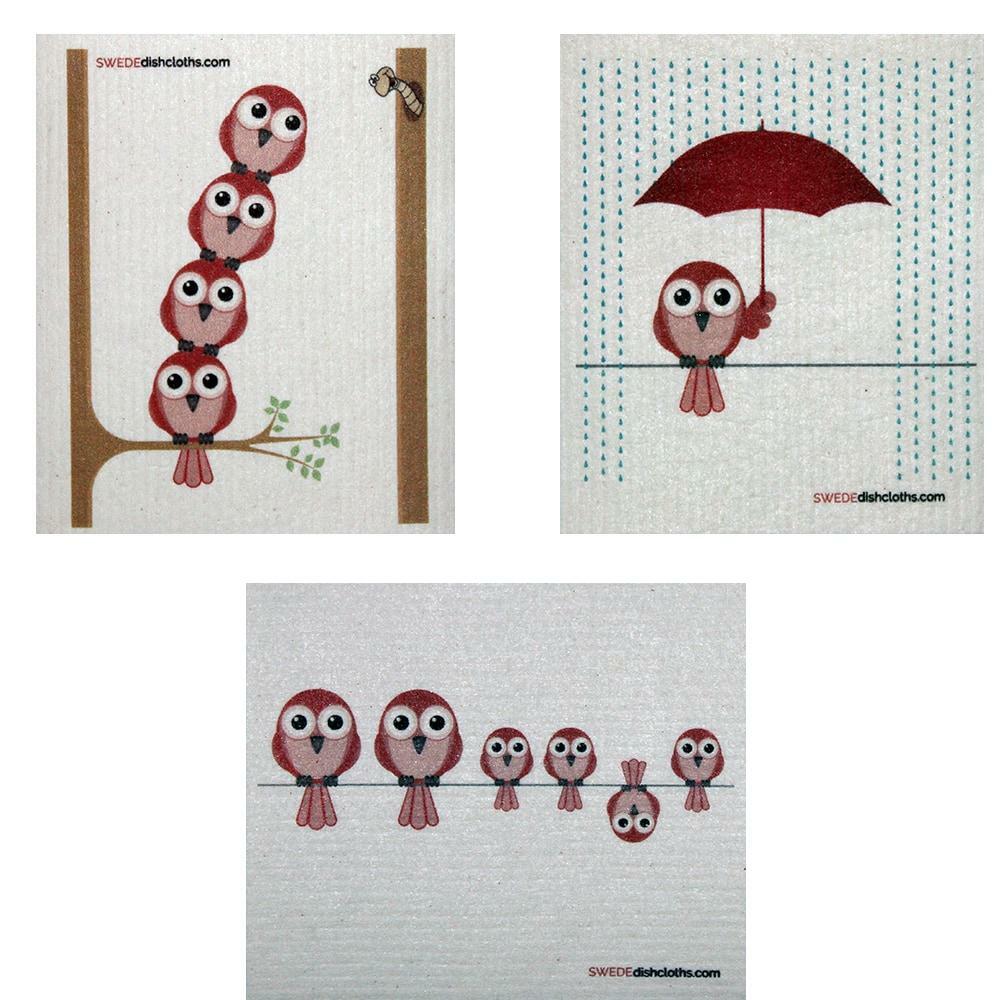 Swedish Dishcloth Set of 3 each Swedish Dishcloths Mixed Redbirds Design