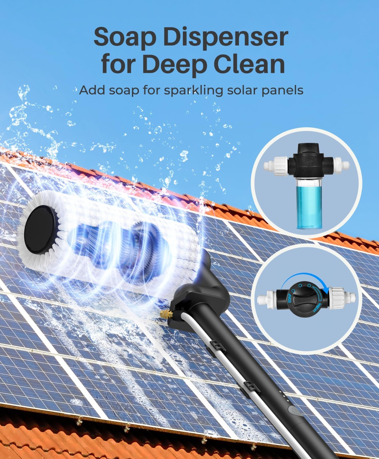 Extendable 20Ft Electric Solar Panel Cleaning Brush & Pole Kit, 2 Speed, Soap Di