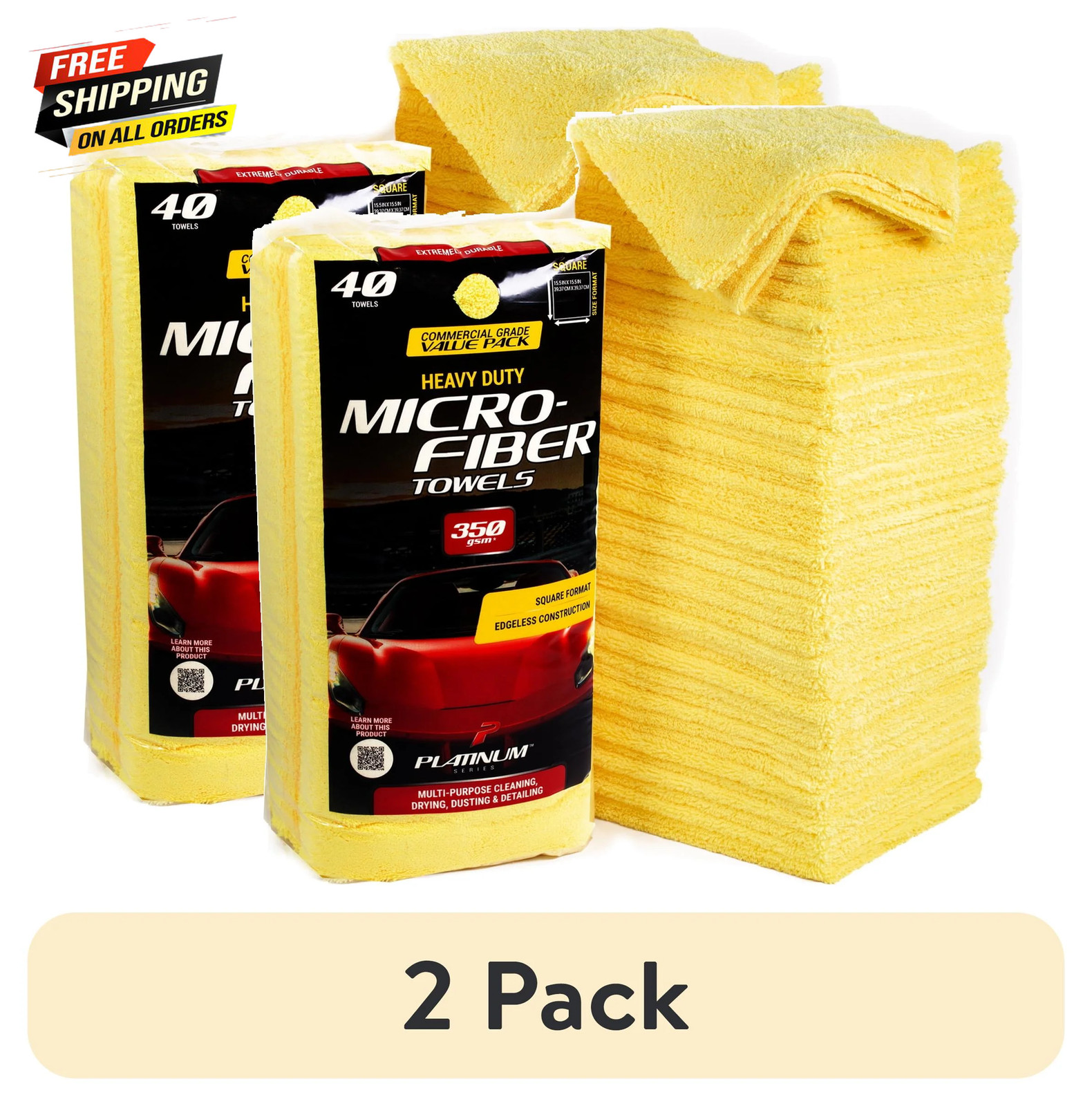 (2 Pack) Heavy Duty Multi-Purpose Microfiber Detailing Towel, 40 Pack, Yellow