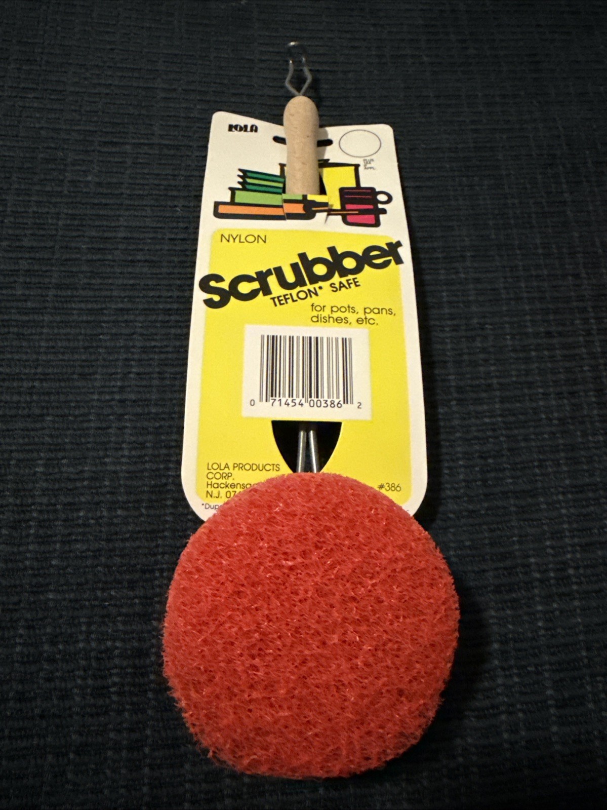Lola Products New Vintage Nylon Dish Scrubber Red Pad With Wooden Handle 386