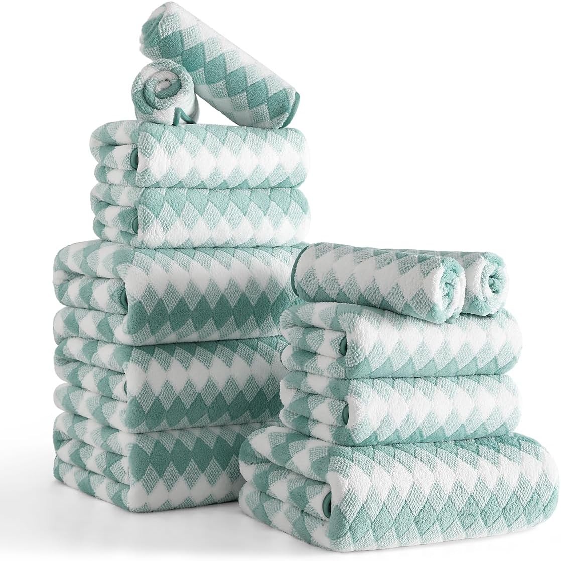 12 Pcs Turquoise Diamond Towel Set-4 Bath Towels,4 Hand Towels,4 Washcloths Soft