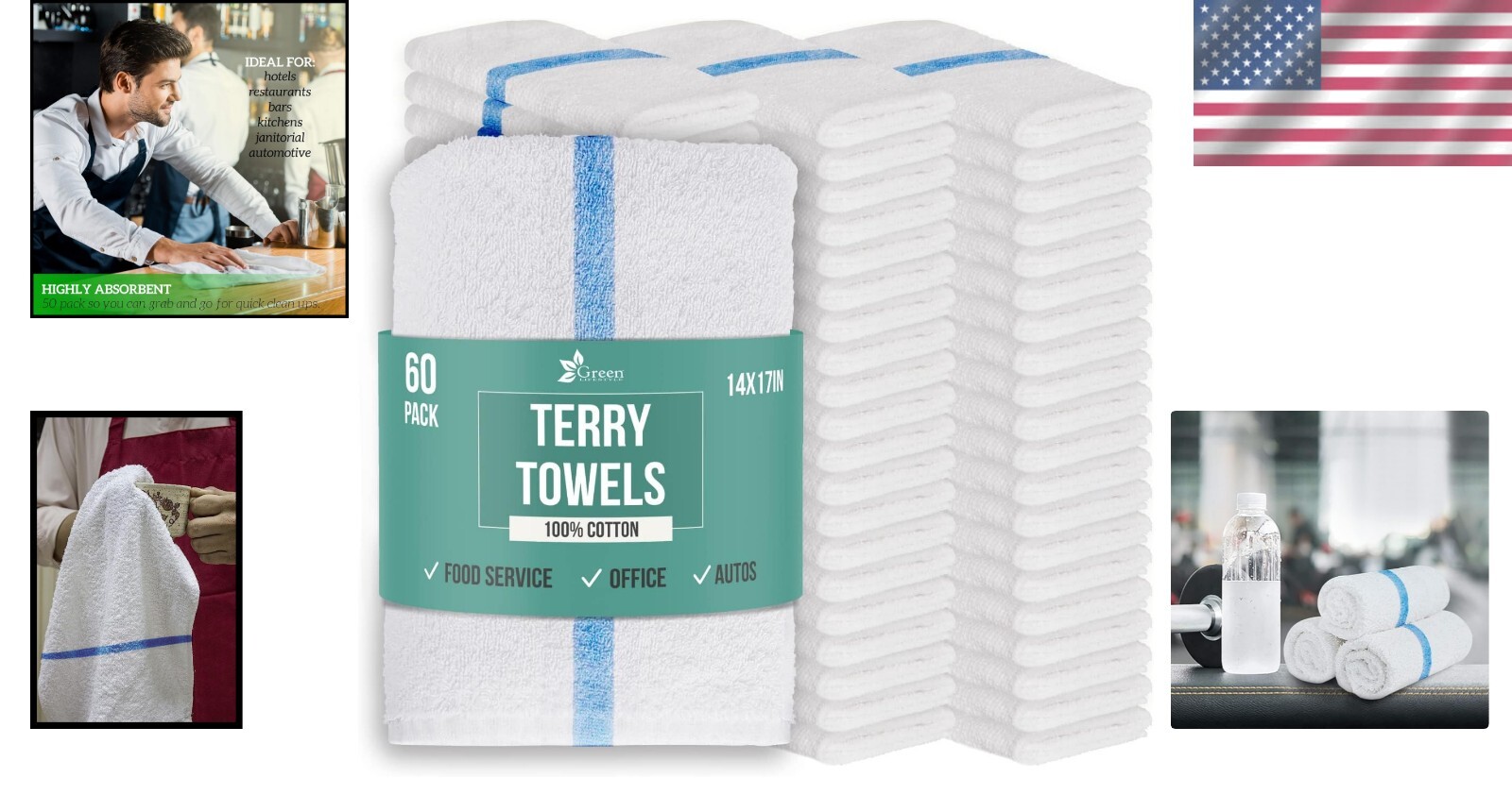 Blue Striped Cotton Cleaning Rags – Super Absorbent 14”x17” Towels, Pack of 60