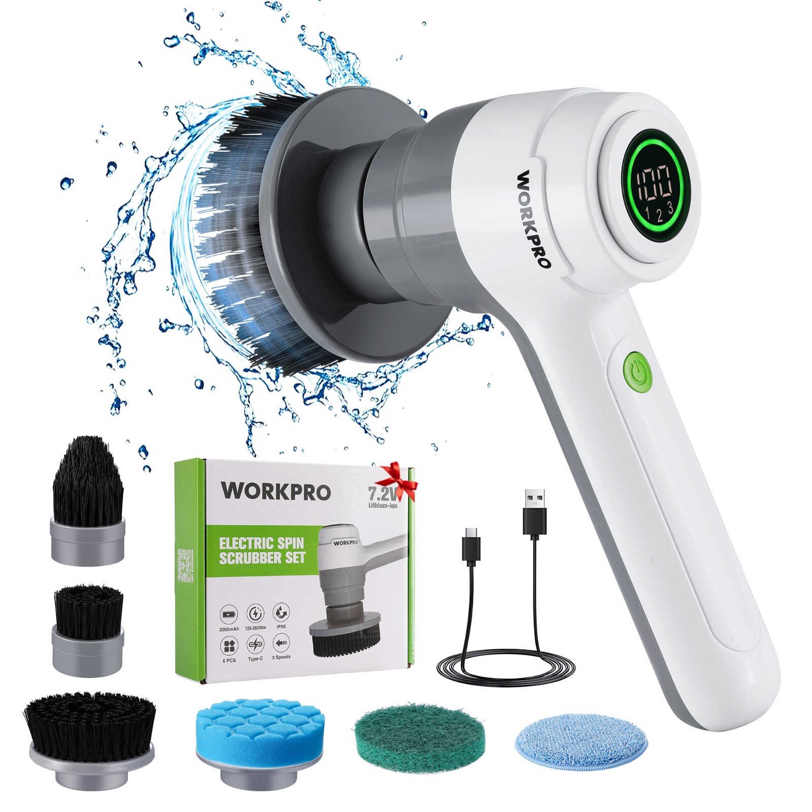 WORKPRO 8V Electric Spin Scrubber, 3-Speed Adjustable Shower Scrubber