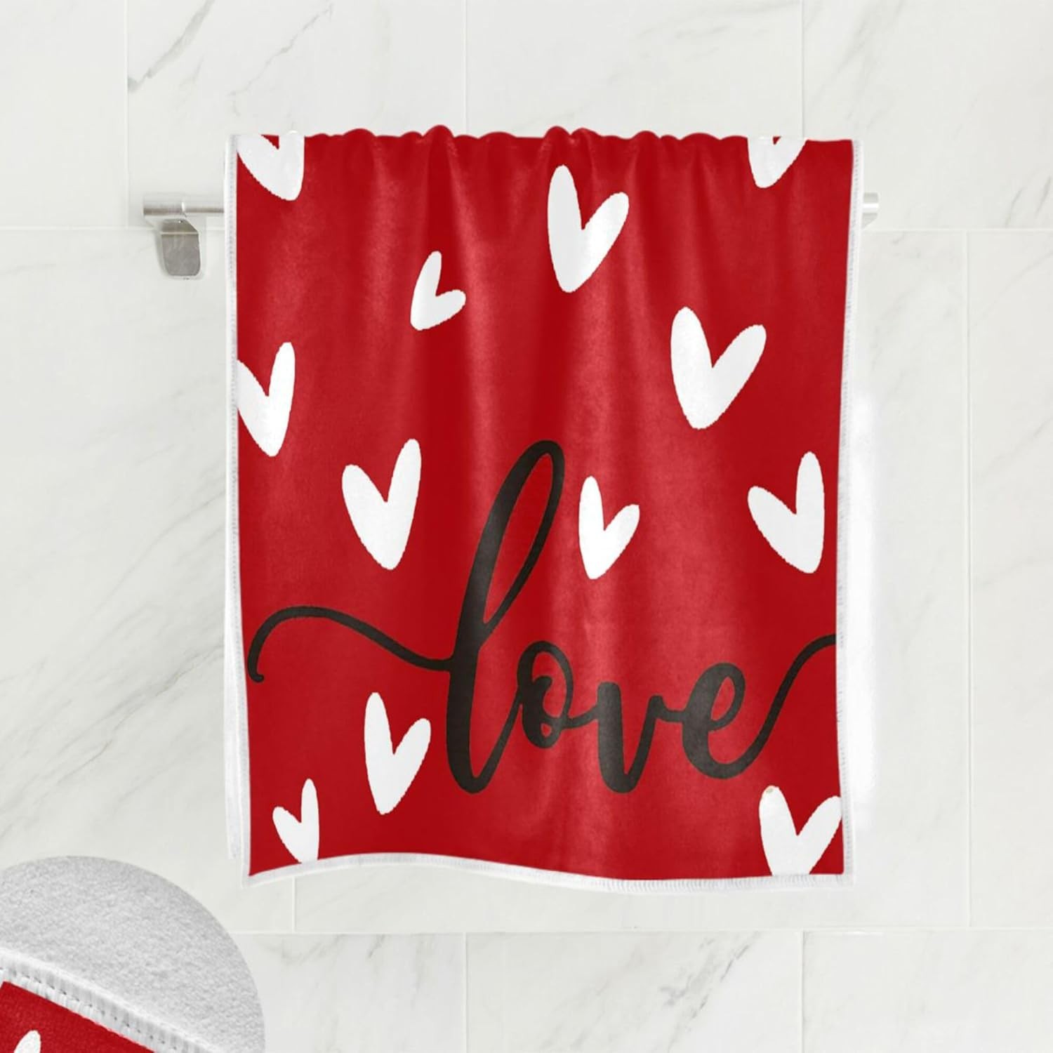 Happy Valentine’s Day Hand Fingertip Towel Red White Love Heart Kitchen Towel