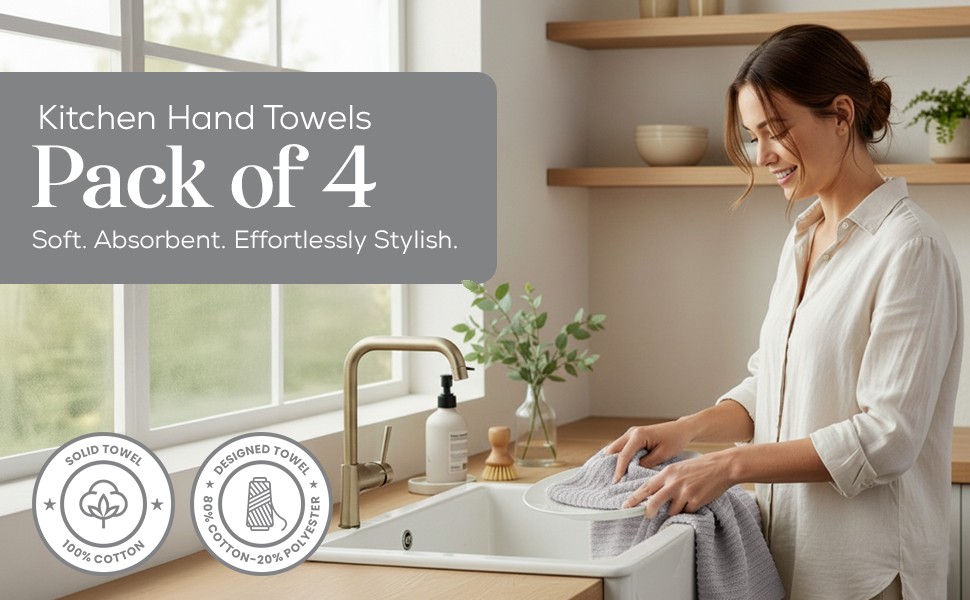 Kitchen Towels, Cotton Hand Towels, Grey and White Vine Ribbed Hand Drying Cloth
