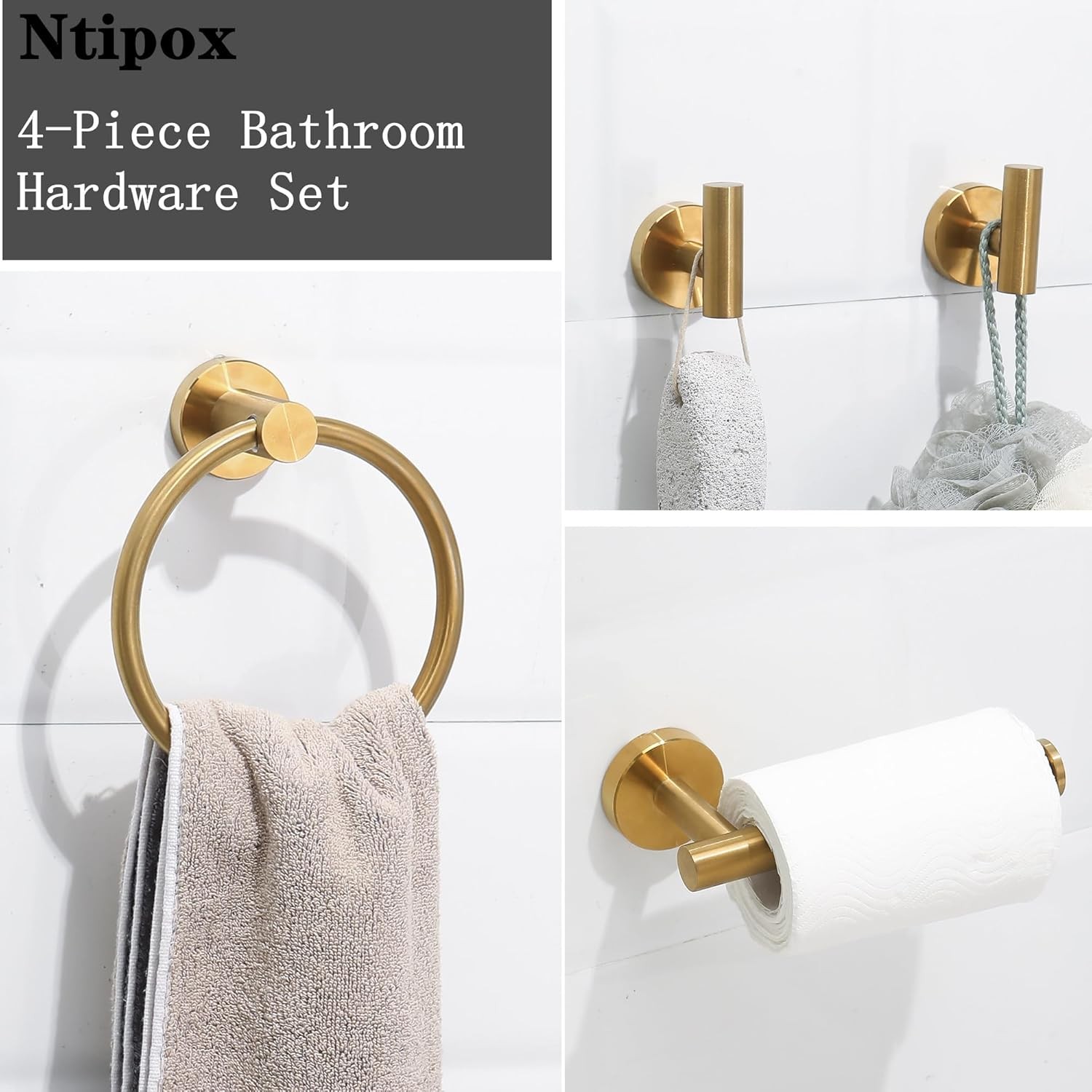 4 Piece Brushed Gold Stainless Steel Bathroom Hardware Set Include Hand Towel